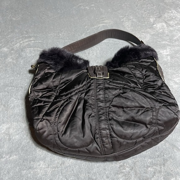 Coach Quilted Purse Rabbit Fur Trim Brown Hobo Shoulder Bag Boho G05K-3587 - Picture 3 of 9